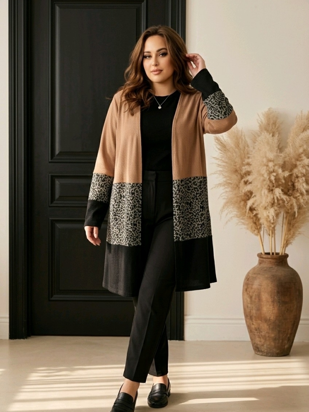 SHEIN Camel & Black Colorblock Cardigan with Leopard Trim Sz 3xl